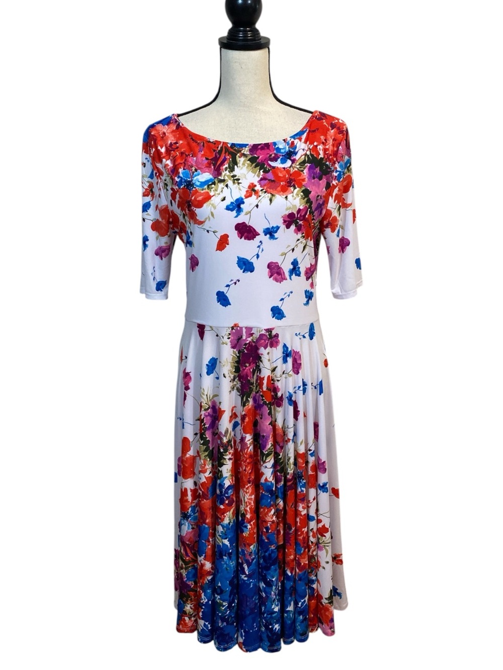 Marc Bouwer Elbow Sleeve White Multi Floral Midi Dress L